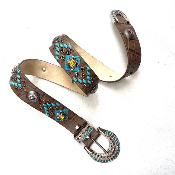 Rhinestones embellished Genuine Leather Western belt 34 main image 6